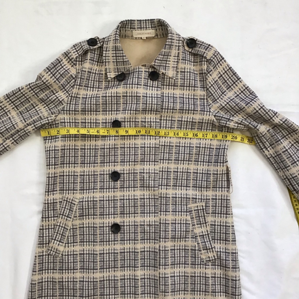 Solitaire Women Plaid Double Breasted Tie Belt Trench Jacket S Beige Black - Picture 12 of 15